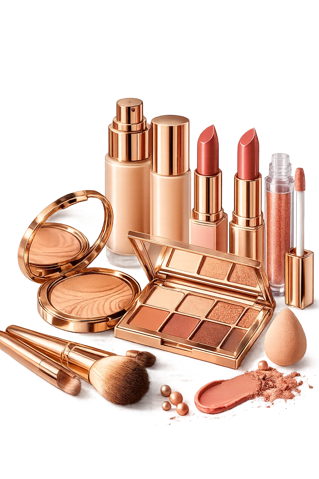 Collection de maquillage rose doré