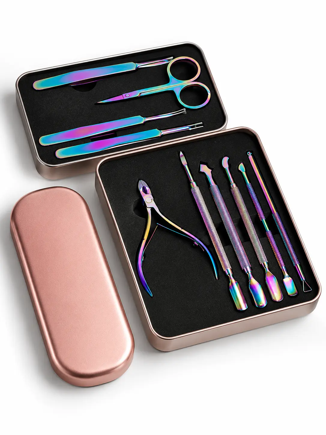 Set de manucure irisé dans étui métallique